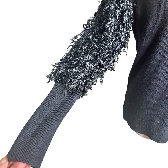 Siani Milano Black Knit Top Sz M Scoop Neck Embellished Net Sleeves Knit Cuffs - Picture 4 of 7